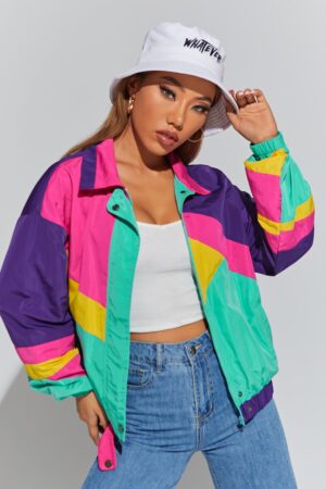 Chaqueta Multicolor con Hombros Caídos y Cierre de Cremallera