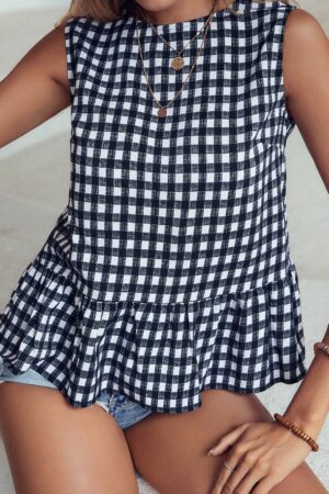Blusa Peplum Cuadros Gingham con Volantes y Sin Mangas