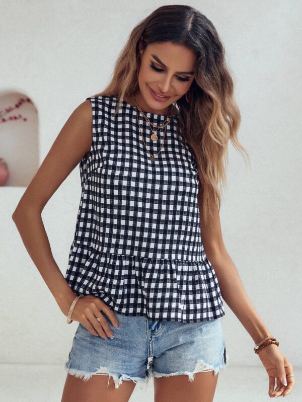 Blusa Peplum Cuadros Gingham con Volantes y Sin Mangas - Image 4