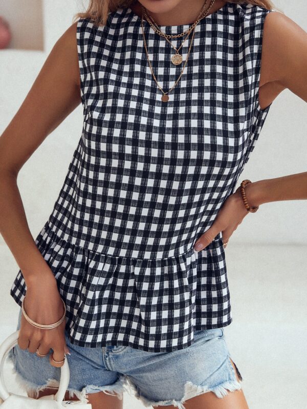 Blusa Peplum Cuadros Gingham con Volantes y Sin Mangas - Image 7