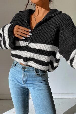 Sweater a Rayas con Cierre y Capucha, Ideal para Primavera y Otoño
