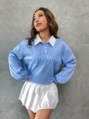 Pullover Collar Polo con Hombros Caídos y Gráfica de Letras