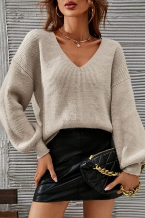 Sweater V-Neck con Hombros Caídos Estilo Francés
