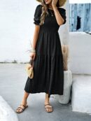 Vestido Maxi Clásico Negro con Mangas Puff y Ruedo de Volantes