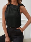 Blusa Negra Asimétrica con Nudo en Hombro y Cuello