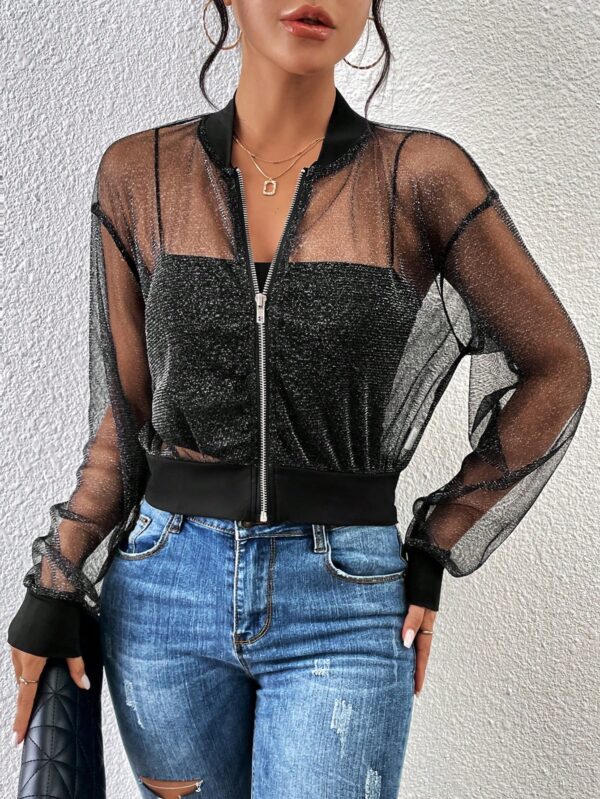 Chaqueta Bomber de Malla con Cierre y Hombros Caídos - Image 4