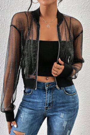 Chaqueta Bomber de Malla con Cierre y Hombros Caídos