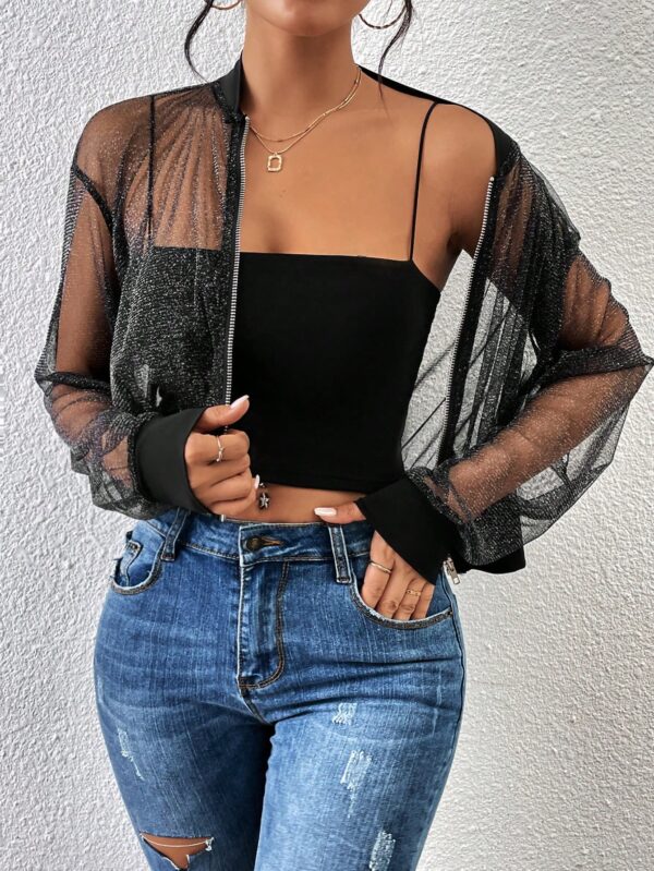 Chaqueta Bomber de Malla con Cierre y Hombros Caídos - Image 6