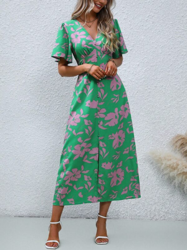 Vestido Largo Elegante de Estampado Tropical con Escote en V y Volantes - Image 30