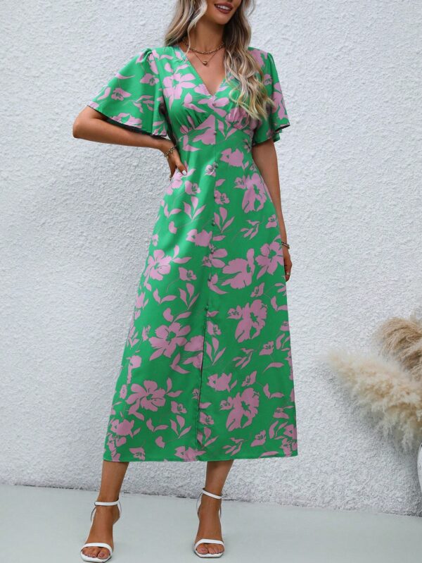 Vestido Largo Elegante de Estampado Tropical con Escote en V y Volantes - Image 32