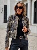 Abrigo de Tweed Abierto con Diseño Escocés y Bolsillo Solapa