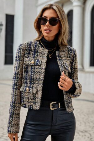 Abrigo de Tweed Abierto con Diseño Escocés y Bolsillo Solapa
