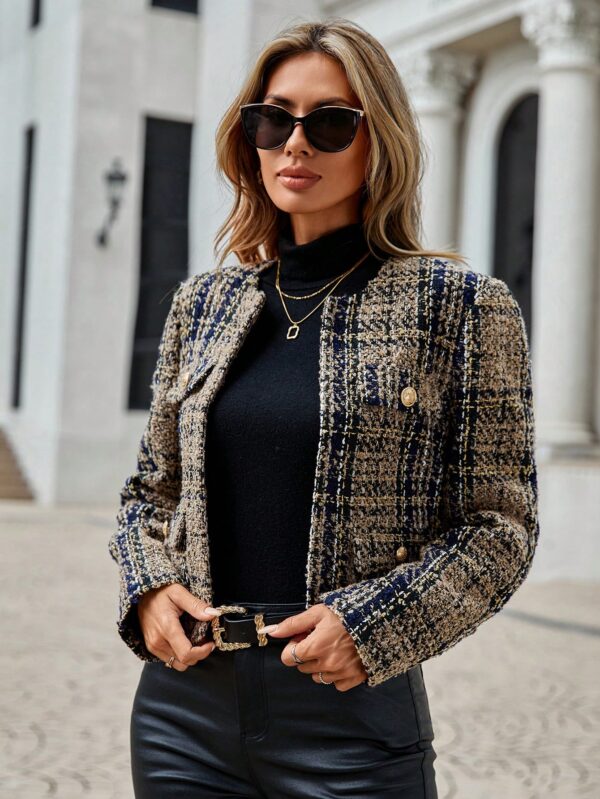 Abrigo de Tweed Abierto con Diseño Escocés y Bolsillo Solapa - Image 3