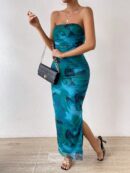 Vestido Strapless Tie Dye con Abertura Lateral y Ruched
