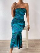 Vestido Strapless Tie Dye con Abertura Lateral y Ruched