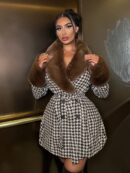 Abrigo de Lana con Patrón de Pata de Gallo y Cuello de Piel Sintética