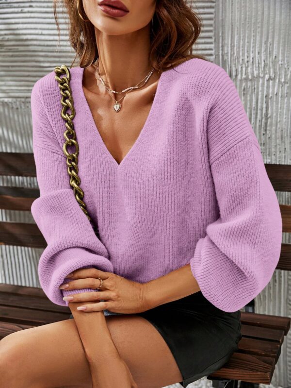 Sweater V-Neck con Hombros Caídos Estilo Francés - Image 75