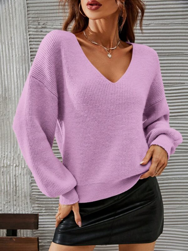 Sweater V-Neck con Hombros Caídos Estilo Francés - Image 77