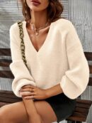 Sweater V-Neck con Hombros Caídos Estilo Francés