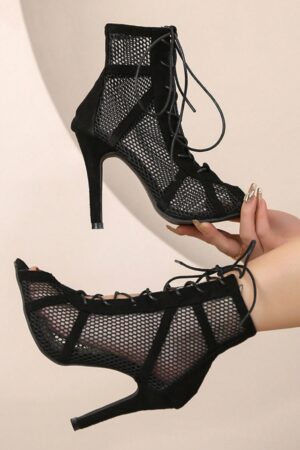 Botines de Tacón Alto Negros con Malla Transparente para Mujer