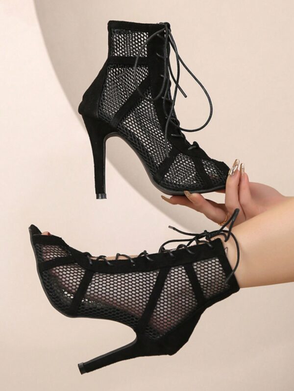 Botines de Tacón Alto Negros con Malla Transparente para Mujer