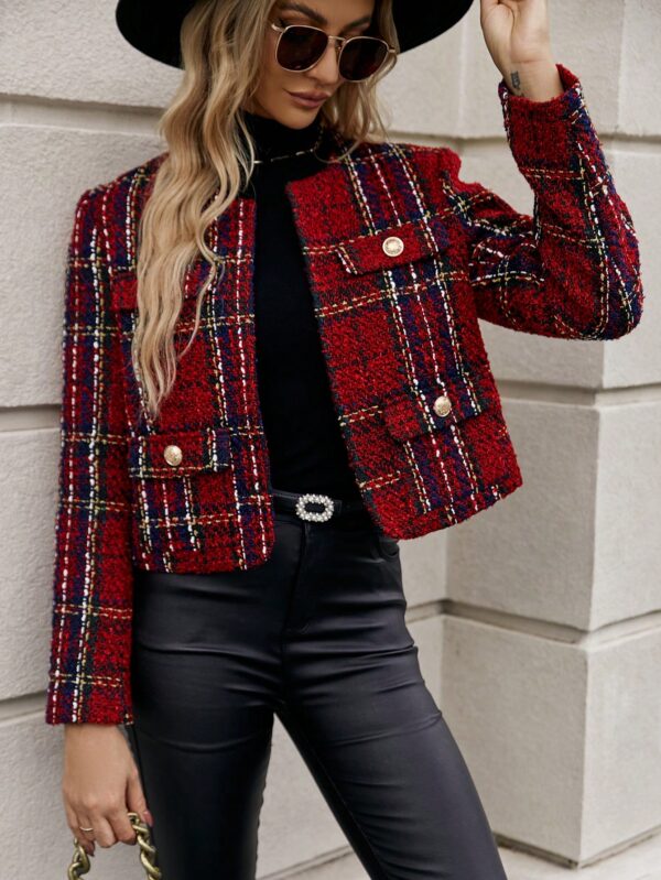 Abrigo de Tweed Abierto con Diseño Escocés y Bolsillo Solapa - Image 9