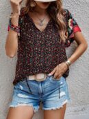 Blusa Floral de Manga Corta con Lazo en el Cuello
