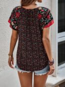 Blusa Floral de Manga Corta con Lazo en el Cuello