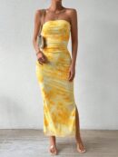 Vestido Strapless Tie Dye con Abertura Lateral y Ruched