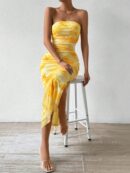 Vestido Strapless Tie Dye con Abertura Lateral y Ruched