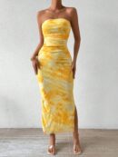 Vestido Strapless Tie Dye con Abertura Lateral y Ruched
