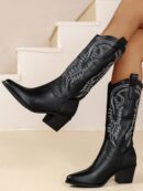 Botas Negras de Estilo Vaquero con Bordado y Tacón Robusto