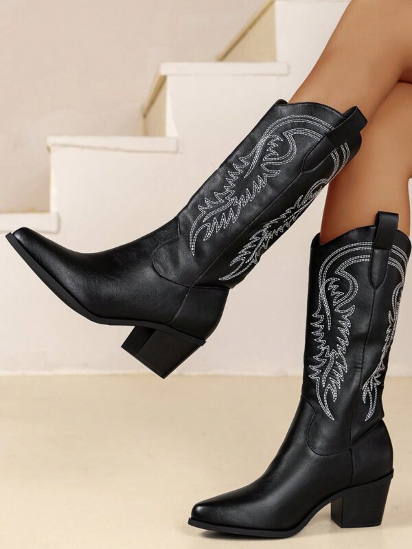 Botas Negras de Estilo Vaquero con Bordado y Tacón Robusto - Image 2