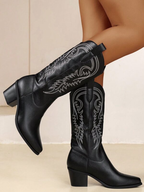 Botas Negras de Estilo Vaquero con Bordado y Tacón Robusto - Image 4