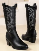 Botas Negras de Estilo Vaquero con Bordado y Tacón Robusto