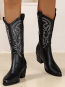Botas Negras de Estilo Vaquero con Bordado y Tacón Robusto