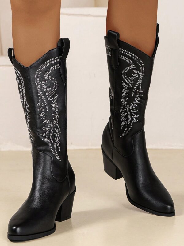 Botas Negras de Estilo Vaquero con Bordado y Tacón Robusto - Image 6