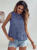Blusa Peplum Cuadros Gingham con Volantes y Sin Mangas