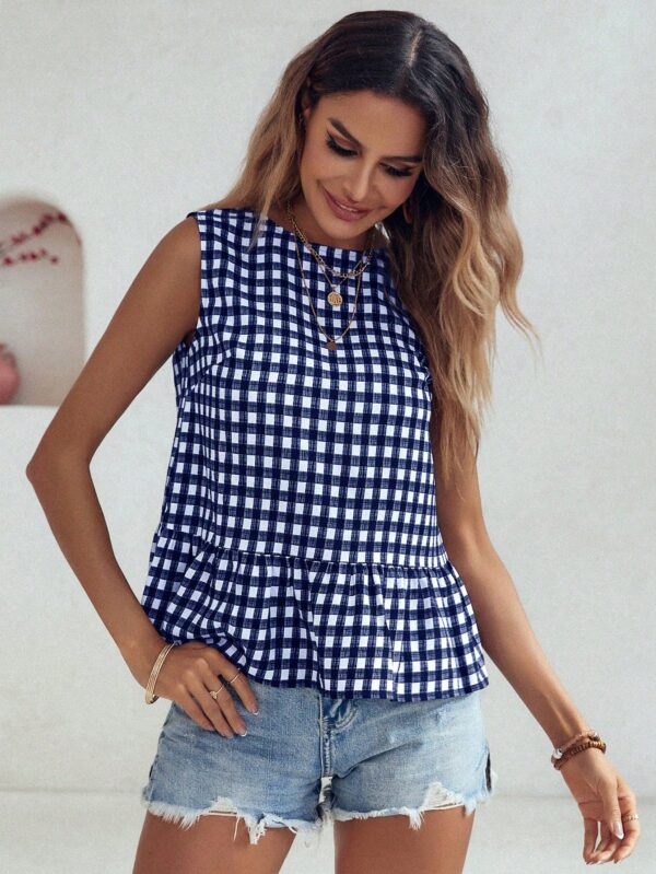 Blusa Peplum Cuadros Gingham con Volantes y Sin Mangas - Image 17