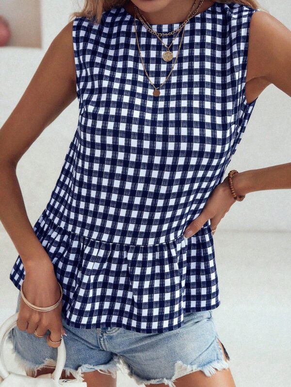 Blusa Peplum Cuadros Gingham con Volantes y Sin Mangas - Image 21