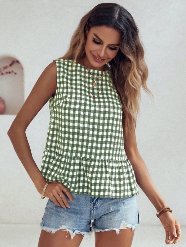 Blusa Peplum Cuadros Gingham con Volantes y Sin Mangas - Image 10