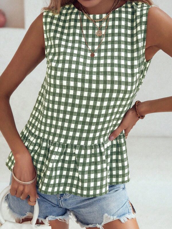 Blusa Peplum Cuadros Gingham con Volantes y Sin Mangas - Image 14