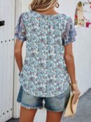 Blusa Floral de Manga Corta con Lazo en el Cuello