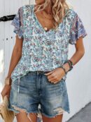 Blusa Floral de Manga Corta con Lazo en el Cuello