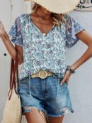 Blusa Floral de Manga Corta con Lazo en el Cuello