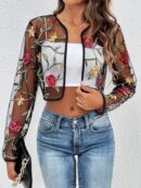 Chaqueta Negra Bordada Floral en Malla Transparente