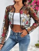 Chaqueta Negra Bordada Floral en Malla Transparente