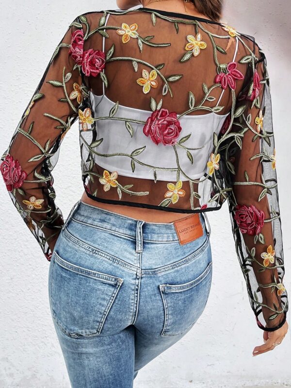 Chaqueta Negra Bordada Floral en Malla Transparente - Image 6