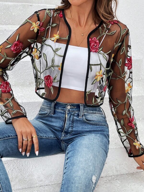 Chaqueta Negra Bordada Floral en Malla Transparente - Image 7