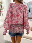 Blusa Floral con Lazada al Cuello y Mangas Farol